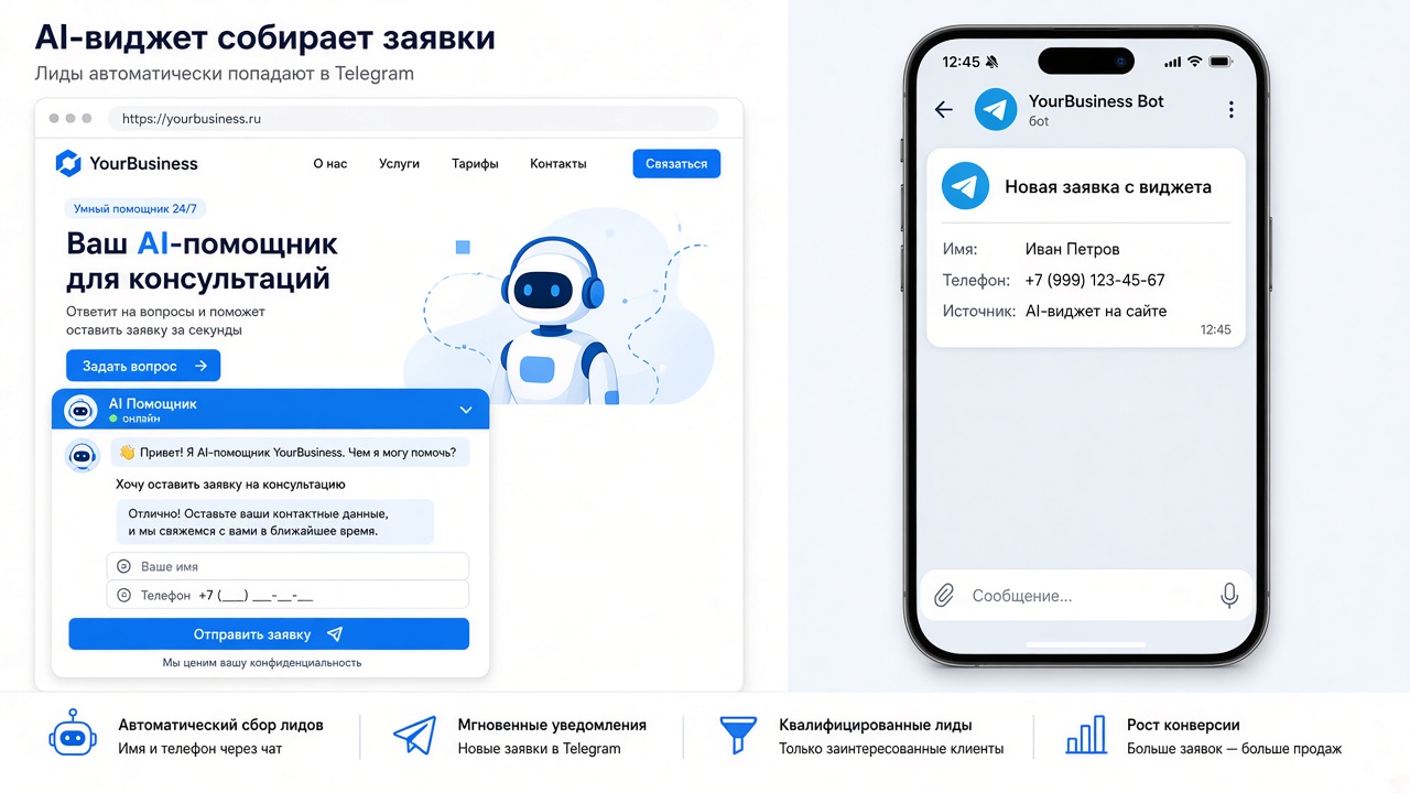 Скриншот: заявки с ИИ виджета приходят в Telegram